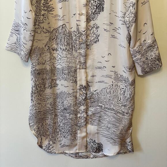 H&M M long sleeve button down tunic top oriental AOP cream AOP nature black - Picture 3 of 7